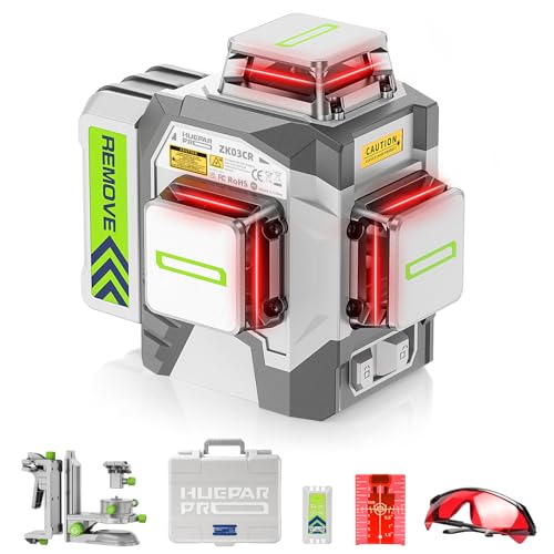 Huepar Pro Niveau Laser 360 Autonivelant, Niveaux Laser Rouge Professionnel Laser Chantier de Haute Précision Avec Batterie Li-ion Rechargeable 8000mAh, Support Multifonctionnel et Etui Rigide ZK03CR