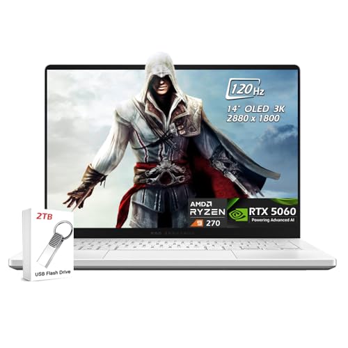 Image of ASUS - ROG Zephyrus G14 14 inch Gaming Laptop - AMD Ryzen 9 270 - NVIDIA GeForce RTX 5060-16GB LPDDR5X RAM 2TB SSD - Wi-Fi7 Bluetooth BacklitKB Windows 11 - Platinum White - w /2TB USB Drive - W /GaLiMu