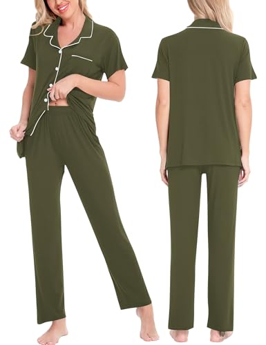 Image of SWOMOG Women Pajama Sets Two-Piece Nightwear Short Sleeve Sleepwear Button Down Pj Lounge Sets with Long Pants