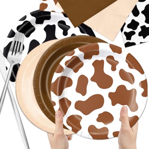 Image of CMUSKO Cowboy Party Decoration - 60Pcs Brown Cow Print Plates & Napkins Set Farmhouse Western Party Supplies for Baby Shower,Birthday