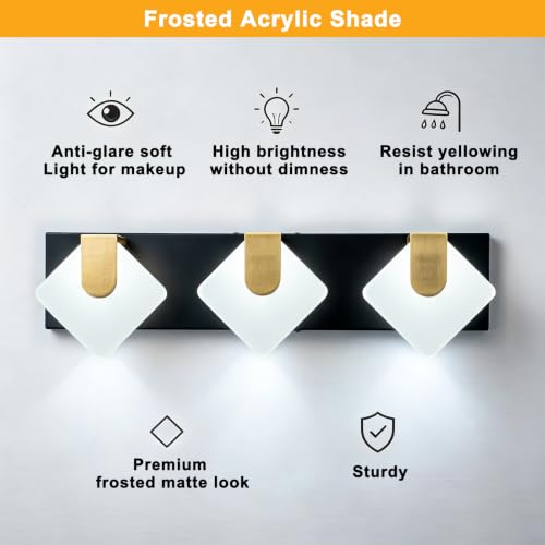 Image of foucasal 3-Light 20 inchLED Bathroom Vanity Light Fixtures Black Gold, Dimmable