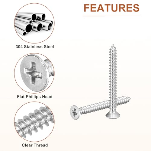 Image of DTGN 20Pcs #4x1-3 /16 Flat Head Wood Screws, 304 Stainless Steel Phillips Self Tapping Screws - Good for Woodworking, Furniture - Silver