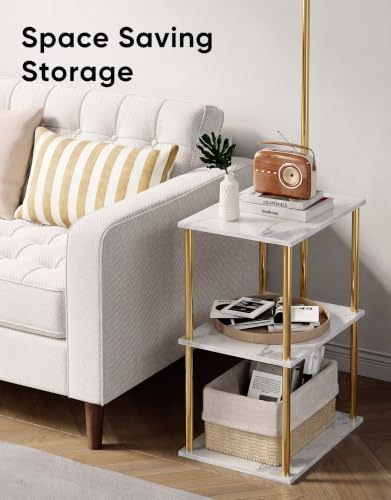 Image of PARTPHONER Floor Lamp with Table, Night Stand with Lamp, Narrow Side Table with 3CCT LED Bulb, Small Coffee Table, Modern End Table with Storage Shelves for Living Room, Marble White and Gold Poles
