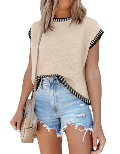 Image of ETCYY Cap Sleeve Sweater Tops Sleeveless Vest Summer Shirts Trendy 2024 Tank Tops Spring Clothes Striped Knitted Tops