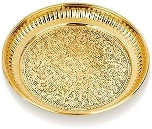 bhavika Creation Brass Decorative Pooja Plate with Engraved Floral Design, 12cm, Gold