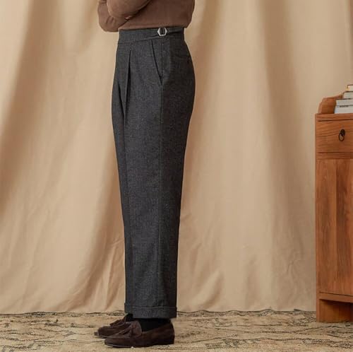 Men Vintage Slim Fit Wool Tweed Pants Herringbone Pleated Suit Trousers3