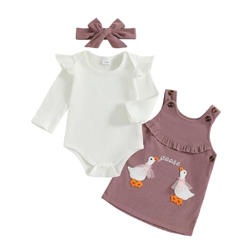 Image of MoZiKQin Baby Girl Halloween Outfit Long Sleeve Ruffle Romper Ghost Embroidery Overall Dress Headband Cute Fall Clothes