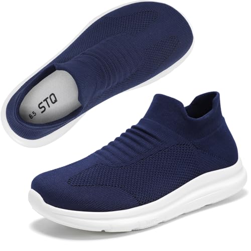 STQ Womens Wide Toe Box Walking Shoes: Comfortable Orthopedic Diabetic Nurse Shoe, Non-Slip Extra Wide Width Sock Slip On Sneakers for Arthritis Edema, Plantar Fasciitis, Bunions, Navy, Size 8