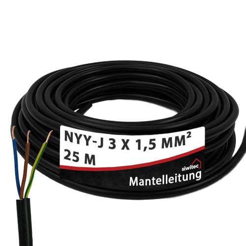 siwitec NYY-Kabel, NYY-J 3x1,5 mm², 25 m, Erdkabel, Installationskabel, Erdleitung, Kabelring - Made in Germany