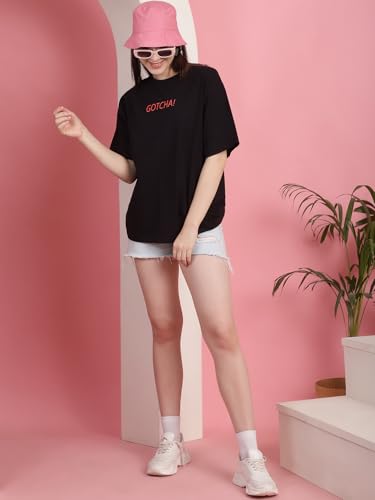 Image of Preneum Women's Cotton Graphic Printed Baggy Fit Drop-Shoulder Sleeves Cotton Oversized T-Shirt || Round Neck || Half Sleeve