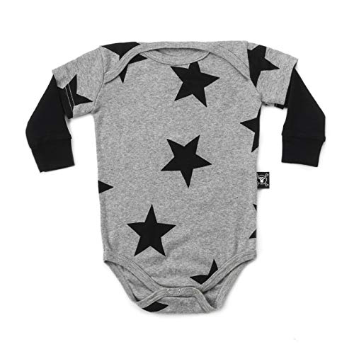 NUNUNU Long-Sleeve Bodysuit Onesie, Baby Girls and Boy, Heather Grey - Star print, 18-24 MO