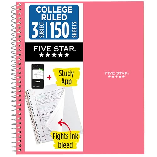 Image of Five Star Spiral Notebook + Study App, 3 Subject, College Ruled Paper, 8-1 /2 inch x 11 inch, 150 Sheets, Fights Ink Bleed, Water Resistant Cover, Prom Pink (820003R) (Pack of 6)