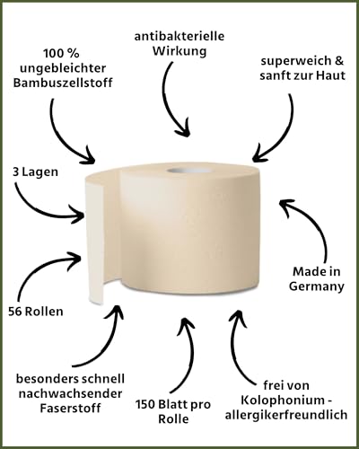 œcolife Toilettenpapier Bambus, 56 Rollen à 150 Blatt, 3-lagig, superweich, von Dermatest geprüft, nachhaltiges Klopapier, sanft zur Haut, beiges Papier