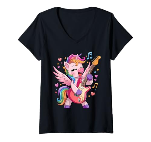Femme Unicorn Playing Guitar Unicorn Rock Star Guitar Rockin Music T-Shirt avec Col en V
