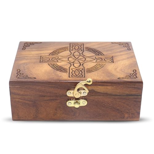 Image of Celtic Cross Wooden Jewelry Box, Rosewood Handmade Engraved Christian Keepsake Storage Chest for Women & Men, Religious Gift Box, Vintage Wooden Treasure Organizer for Jewelry & Decor