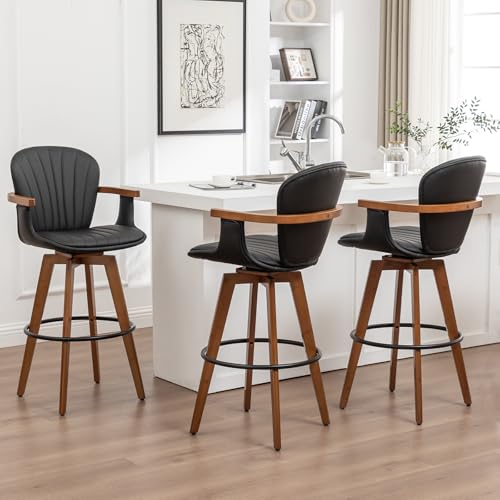 Image of LUNLING 30 inch Bar Height Stools Set of 3.Mid Century Modern Bar Stools,Black PU Leather Kitchen Island Stools,Wood High Barstools Swivel with Back and Arms for Home Bar Furniture