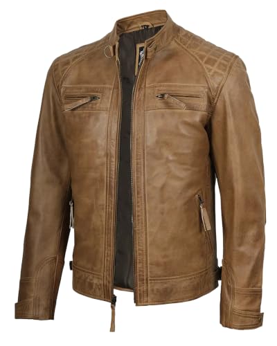 Image of fjackets Mens Leather Jacket Moto Style Real Lambskin Leather Jacket, Quilted Cafe Racer Classic Zip Up Biker Jacket for Men