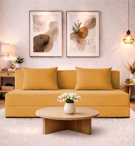 Image of Adorn India Easy 4 Seater Sofa Cum Bed | Velvet Fabric | Yellow | Plain Design | 6x6 Ft | Comfortable Seating | Washable Cover | Perfect for Home & Office