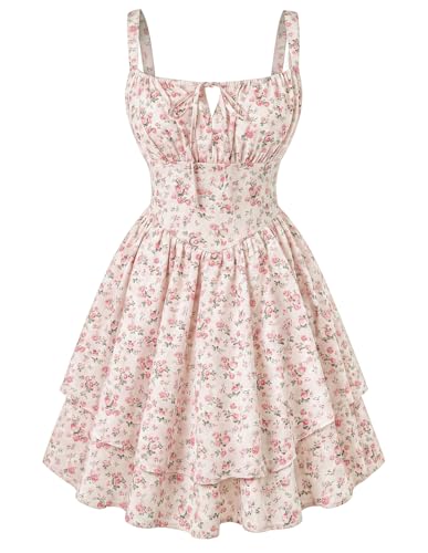 Image of Scarlet Darkness Floral Mini Corset Dress Women Teens Sundress with Pockets | Floral mini dress with adjustable straps, square neck, smocked back, left hidden zip, side pockets, flowy dual-layer hem