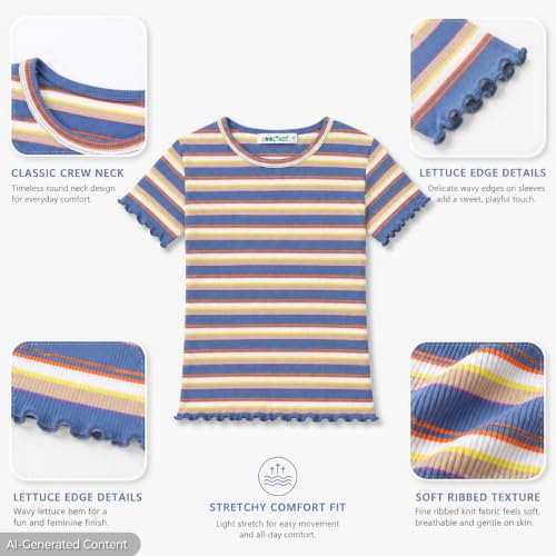 Image of Girls Striped T-Shirt Lettuce Trim Short Sleeve Top Size 6-16 | Soft stretch ribbed knit fabric, breathable blouse,summer outfit for big girls & teen, for school, party and daily activity