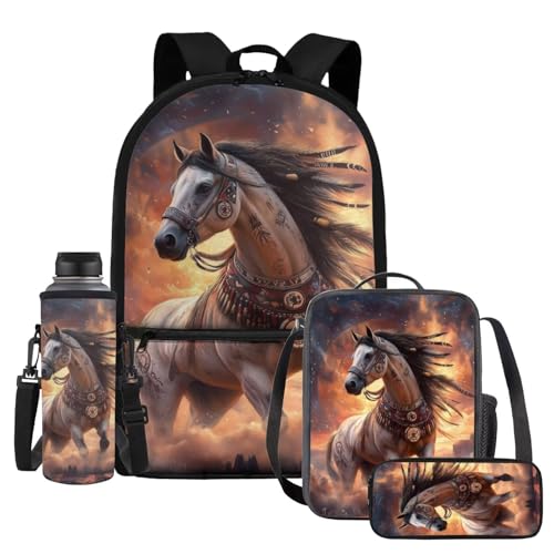 Uourmeti Running Horse Backpack Purse for Boys Girls School Bag Set for Elementary Students Back to School Essentials Kindergarten Book Bag and Lunch Box Water Bottle Holder Pen Case 4 In1 Sets