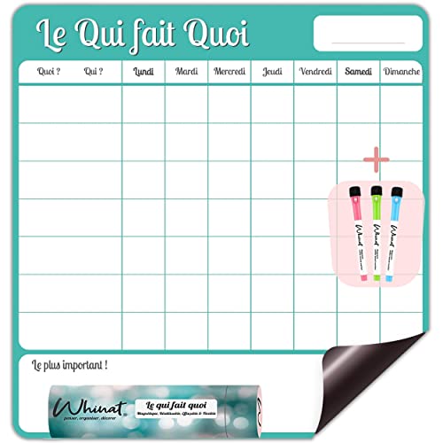 Tableau Magnétique Frigo pour Tâches Ménagères 'LE QUI FAIT QUOI' - Magnet Planificateur pour votre cuisine - Calendrier / Agenda hebdo et familial pour répartir vos tâches entre parents et enfant !