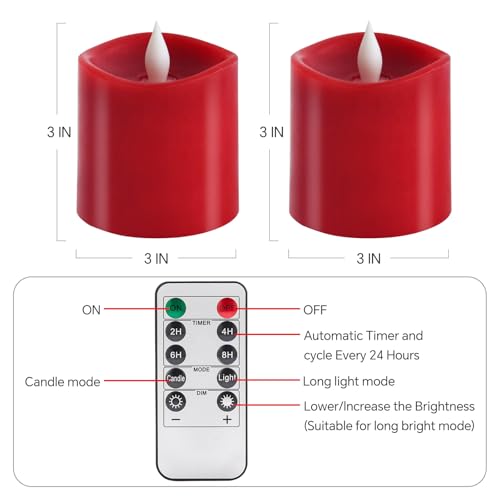 Image of 3x3 Flickering Flameless Candles Set of 2, LED Battery Operated Candles, 3 inch Flameless Candles with Remote Control, Suitable for Wedding Holiday Decoration,Red