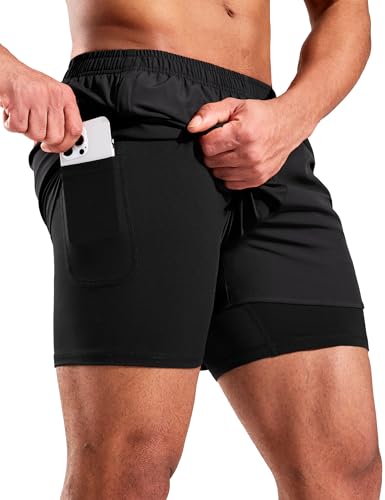 MIER Mens 2-in-1 Running Shorts Quick Dry Gym Workout Athletic Training Shorts with Compression Liner,3 Zipper Pockets3