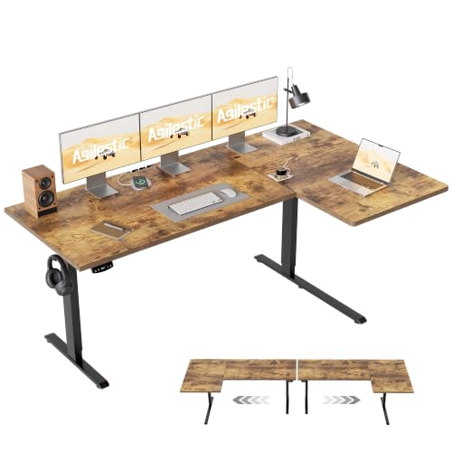Image of Agilestic 63 Inch Reversible L Shaped Standing Desk, Electric Height Adjustable Desk with Memory Preset, Sit Stand Up Computer Workstation for Home Office, Splice Board, Rustic Brown