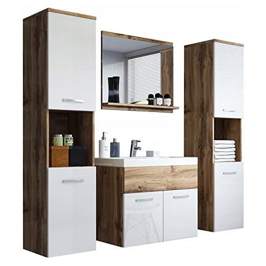 PIASKI Conjunto de Muebles de baño Montreal XL, Juego de Muebles de baño, Lavabo Incluido, Distintos Colores (Blanco Brillo/Wotan)