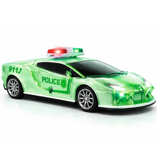 Image of Friction Powered Police Car Toy for Kids with Pull Back Action Super Speed Cop Vehicle with RGB Lights Music Siren Sound Birthday Gift for Boys Girls Toddlers [Green 1007]