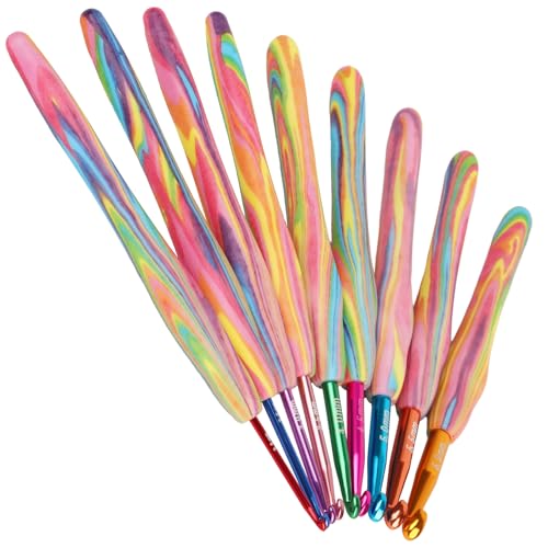 Coopay Juego de ganchos de ganchillo, juego de ganchos de ganchillo arcoíris con mango de agarre suave, 9 kits de ganchillo para principiantes y adultos, gancho ergonómico para principiantes, agujas