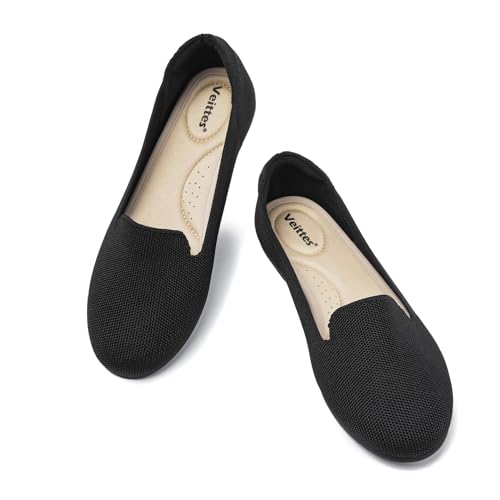 Image of Veittes Women's Wide Width Flats Shoes,Comfortable Breathable Casual Slip on Round-Toe Knitted Dressy Ballet Flats