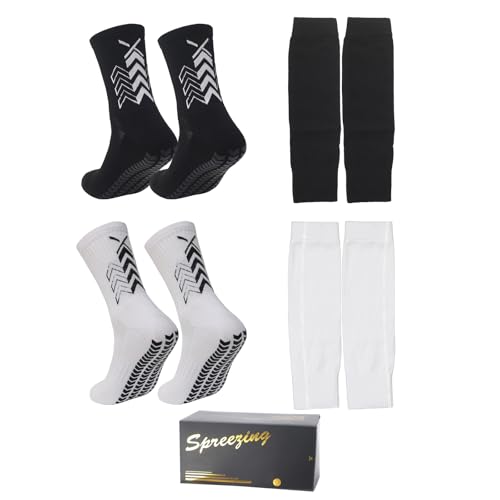 Grip Soccer Socks with Shin Guard Sleeves Non Slip Soccer Leg Sleeve Socks for Men Women Black/White 2 Set