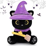 Prewplam Halloween Stuffed Animal - Black Cat Plush, Cute Cat Stuffed Animal Toy with Witch Hat, Halloween Decorations Party Favors Gifts for Kids & Adults