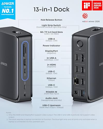 Image of Anker Nano 13-in-1 Laptop Docking Station with Detachable 6-in-1 Hub, USB-C 3 Display Docking (2 HDMI+1 DP), 10 Gbps USB-C, 3 USB-A, Audio, SD /TF, Ethernet, 100W Max PD for Dell /Lenovo /HP Home Office