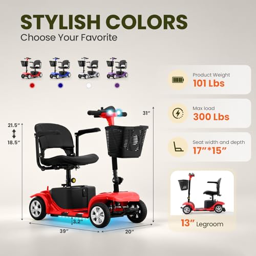 Image of Mobility Scooter for Adults, Senior, 4 Wheels Electric Powered Chargeable Device for Travel, Lightweight and Portable, with LED Headlights and Basket, Charger Included, Red /Blue (RED red)