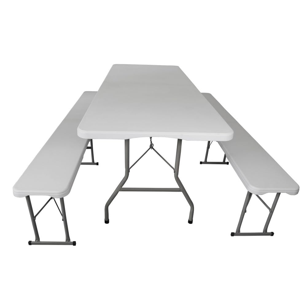 Oxeo Ensemble Table et Bancs de Jardin Pliants - Table Pique-Nique + 2 Bancs Camping - Blanc