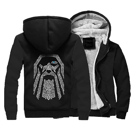 Thick Viking Fleece Hoodies Warm Hooded Sweatshirt Athletic Hoodies For Men Novelty Hoodies Outdoor Zip Up Sweatshirt(Black,XL)