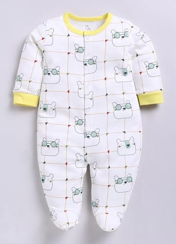 Image of BABY GO Baby Sleepsuit Pack of 3 | 100% Cotton Full Sleeve Footed Romper for Newborn Baby Boys & Girls | Front Open Snap Button Onesie Jumpsuit | Soft Breathable Nightwear