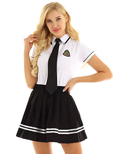 Alvivi Disfraz Colegiala para Mujer Uniforme Escolar Japones De 3 Piezas Camisa Blanca Manga Corta+Falda Plisada Corta+Pajarita Blanco&Negro Medium Cover