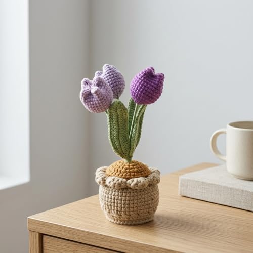 Image of eCraftIndia Artificial Handmade Crochet Purple Tulip Flower Bouquet with Pot for Table Decor Car Dashboard Office Desk Home Decoration Item | Gift for Friends Mothers Day Teachers Day Anniversary
