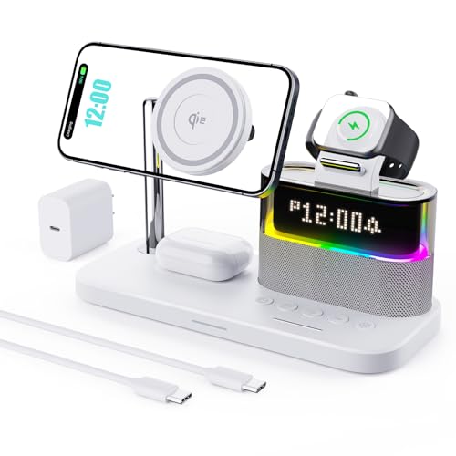 Cargador inalámbrico 5 en 1 con Despertador, estación de Carga con luz Nocturna compatibile con iPhone 17 16 15 14 13 12 Pro MAX, Apple Watch y Auriculares con Carga inalámbrica, Adaptador de 33W