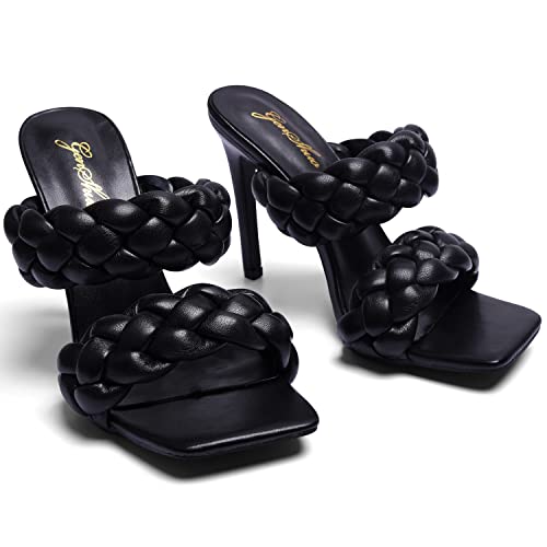 GENSHUO Stiletto Mules Sandale pour Femmes, Sandale à Talon Aiguille Tressés Sandale Carrée à Bout Ouvert et à Dos Ouvert Sandales à Talons Hauts Sexy pour Soirées et Fêtes Chaussures Noir 41 EU Cover