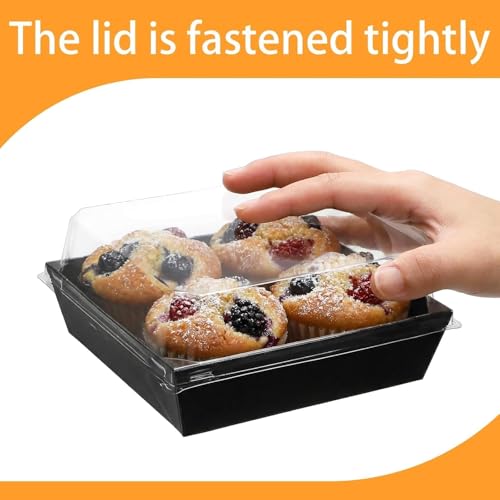 Image of Hiceeden 100 Pcs Black Paper Charcuterie Boxes with Clear Lids, 5.4 inchx5 inchx2.4 inch Cardboard Dessert Food Containers, Disposable Square Sandwich Box for Bakery, Donuts, Cookies, Strawberry, Salad