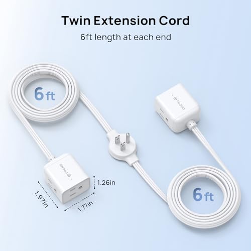 Image of TROND Split Extension Cord with Flat Wall Plug, Twin 6ft Each Side, White | Low-Profile Dual End 3 Outlets Extender, 1625W for Indoors Behind the Middle of Sofa Couch Bed TV Stand, Easy to Hide