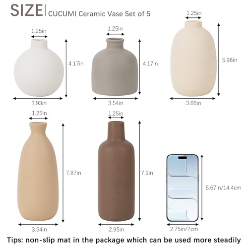 Modern Ceramic Vase Set of 5, Vases Home Decor Rustic Farmhouse Decorative Vase Pottery Vases for Bouquet Pampas Grass Dried Fresh Flowers, Table Living Room Kitchen Bedroom - Thumbnail 3