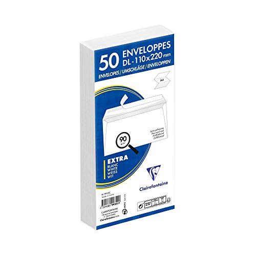 Clairefontaine 9935C - Paquet de 50 Enveloppes Blanches DL-110x220mm - Auto-Adhésives - 90g/m²