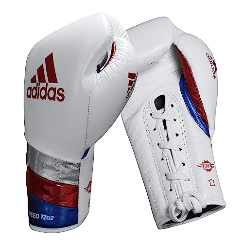 Adidas Adi-Speed 500 Pro Boxing Gloves - For Boxing, Kickboxing, & Sparring - Traditional Lace-Up Closure - 12 Oz, White/Red/Metallic Blue - For Men & Women's #TOP18