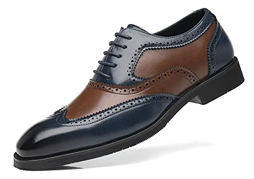 Santimon Wingtip Leather Dress Shoes for Men Brown Antique & Blue Italian Formal Oxfords